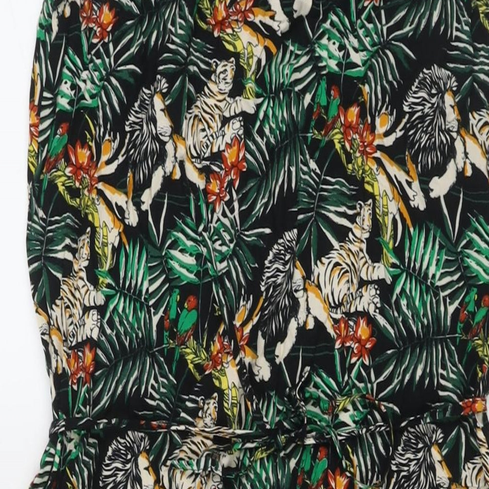 Warehouse Womens Green Floral Viscose A-Line Size 12 Square Neck Pullover