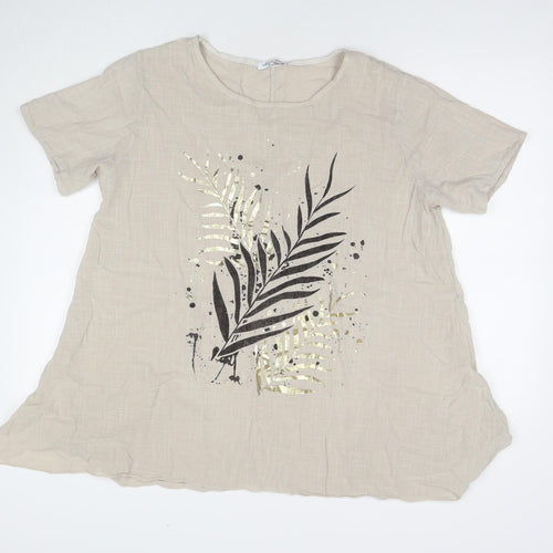 Made in Italy Womens Beige Cotton Tunic T-Shirt Size L Round Neck - Leaf