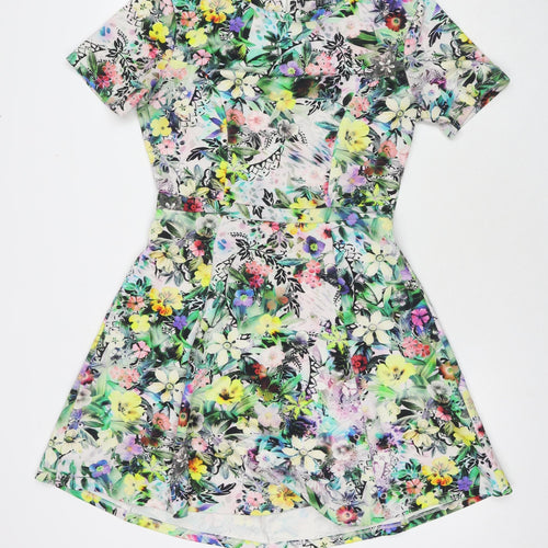 Warehouse Womens Multicoloured Floral Polyester Fit & Flare Size 10 Round Neck Zip