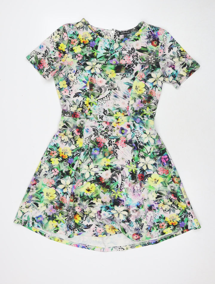 Warehouse Womens Multicoloured Floral Polyester Fit & Flare Size 10 Round Neck Zip