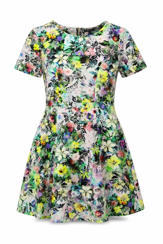 Front view of Warehouse women’s multicoloured floral polyester fit & flare, size UK 10, round neck zip