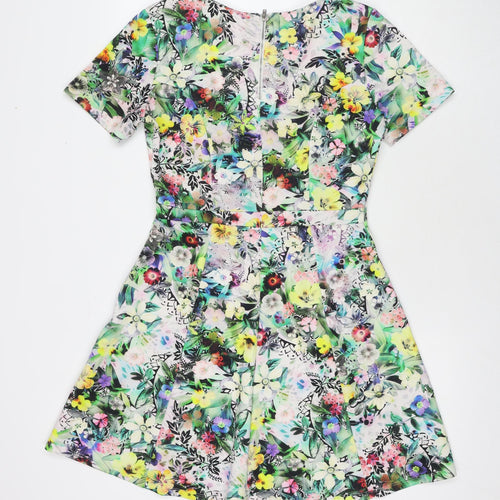 Warehouse Womens Multicoloured Floral Polyester Fit & Flare Size 10 Round Neck Zip