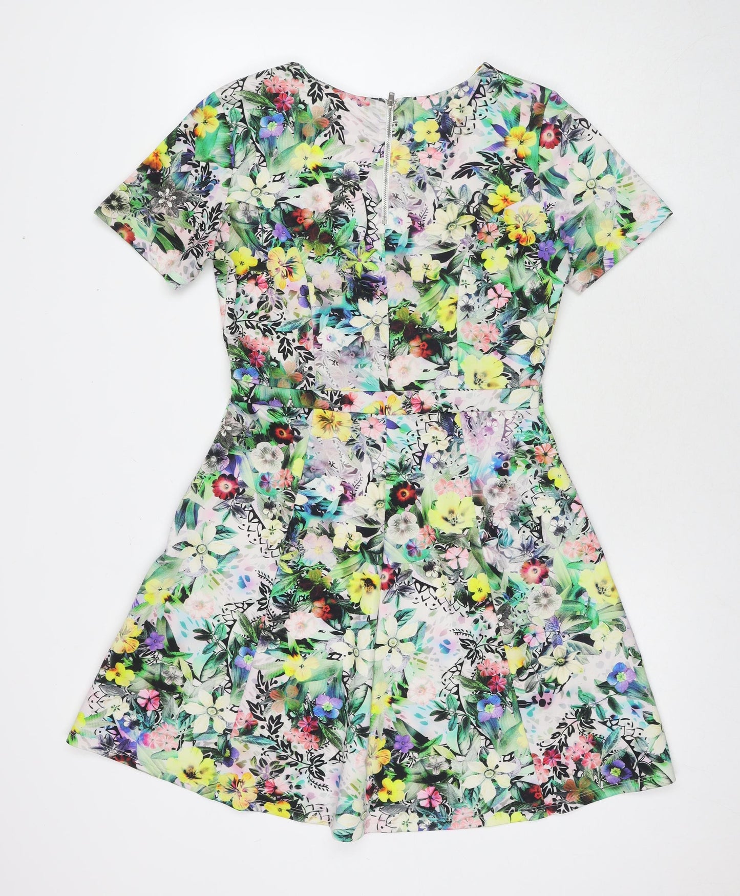 Warehouse Womens Multicoloured Floral Polyester Fit & Flare Size 10 Round Neck Zip