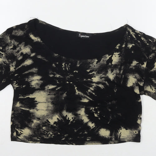 Signature Womens Black Viscose Cropped T-Shirt Size M Round Neck