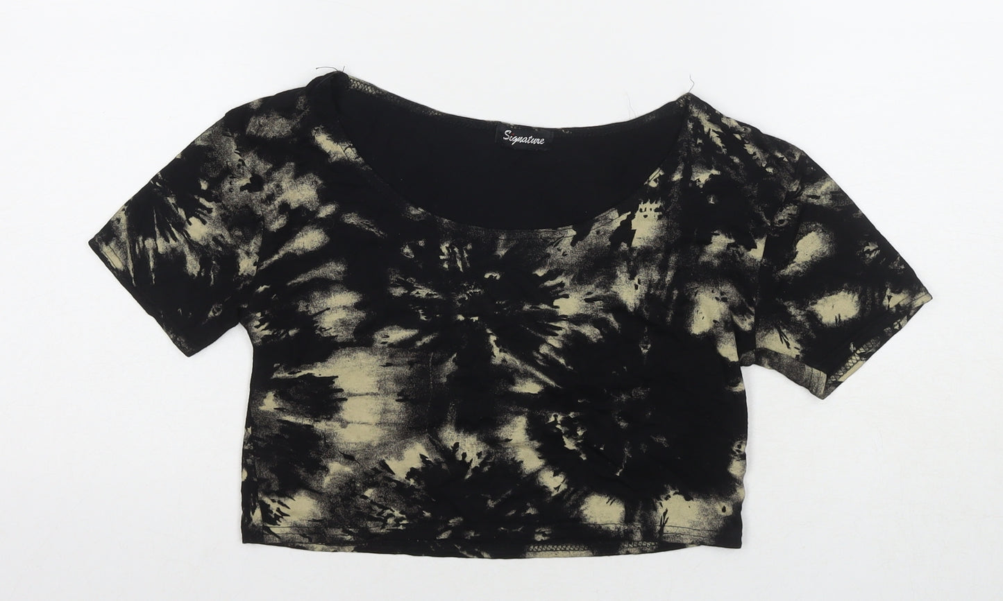 Signature Womens Black Viscose Cropped T-Shirt Size M Round Neck
