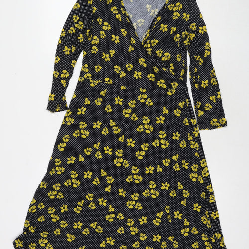 Debenhams Womens Black Polka Dot Viscose Fit & Flare Size 12 V-Neck Pullover - Flowers