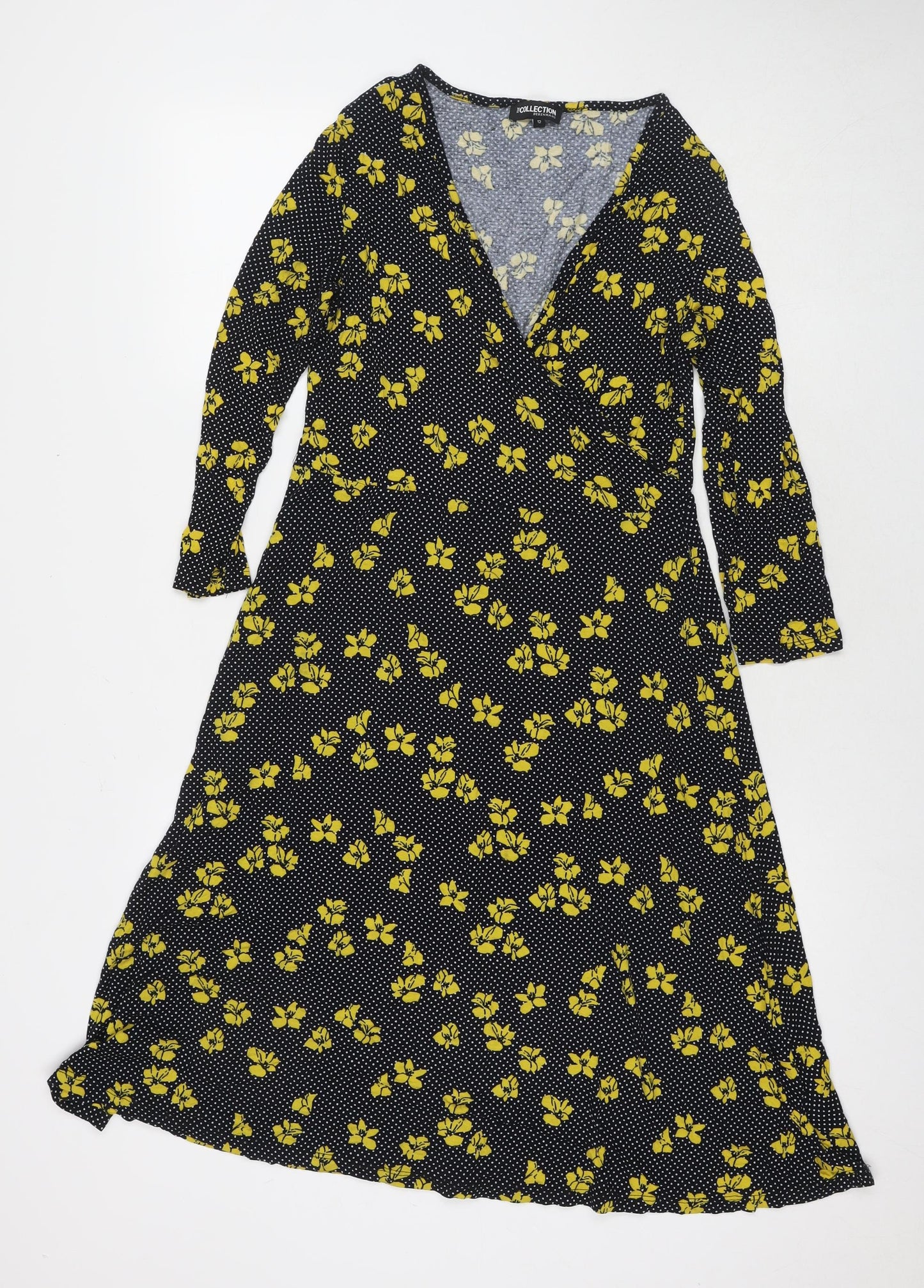Debenhams Womens Black Polka Dot Viscose Fit & Flare Size 12 V-Neck Pullover - Flowers