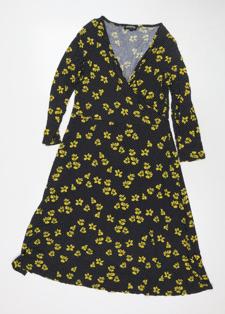 Debenhams Womens Black Polka Dot Viscose Fit & Flare Size 12 V-Neck Pullover - Flowers