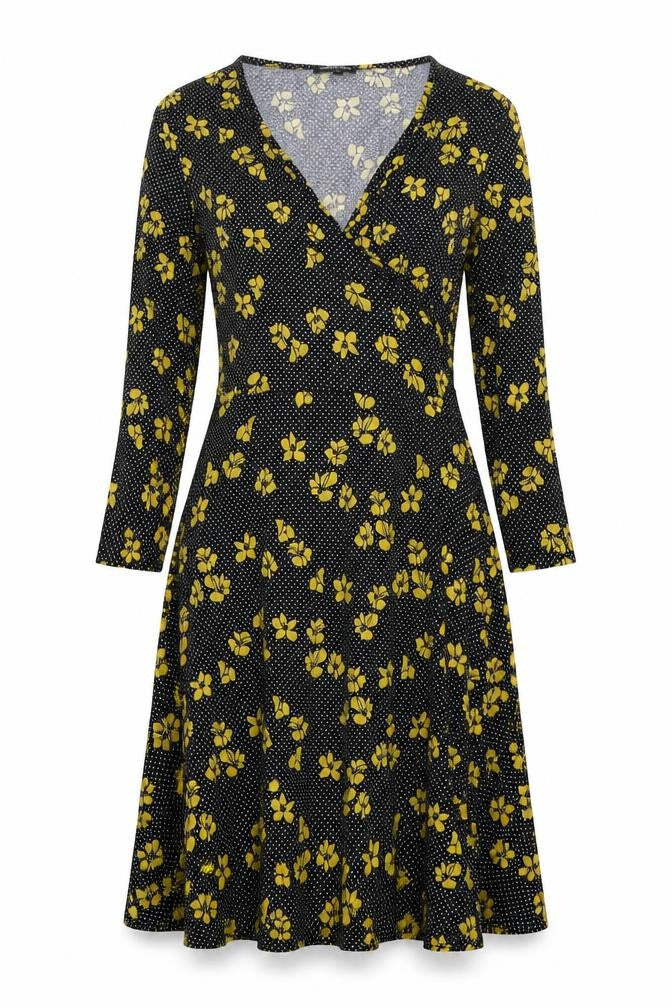 Debenhams Womens Black Polka Dot Viscose Fit & Flare Size 12 V-Neck Pullover - Flowers