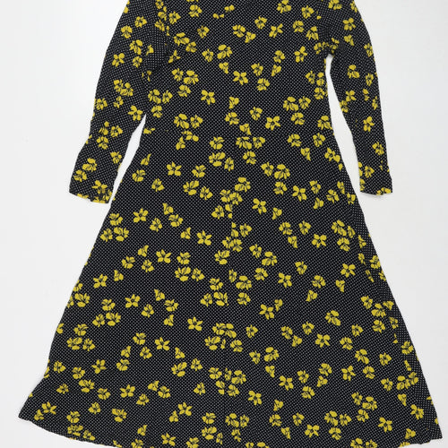 Debenhams Womens Black Polka Dot Viscose Fit & Flare Size 12 V-Neck Pullover - Flowers