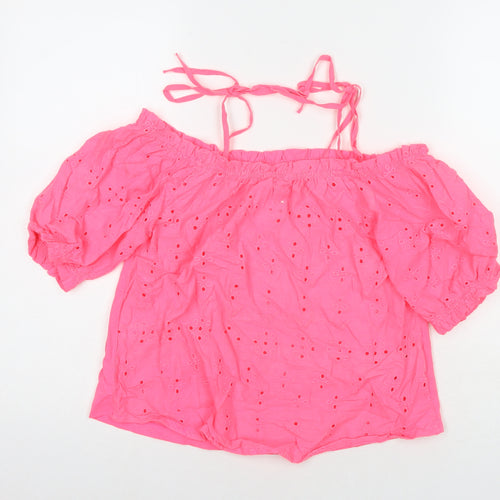 NEXT Womens Pink Cotton Basic Tank Size 6 Off the Shoulder - Embraided Detail Cold Shoulder
