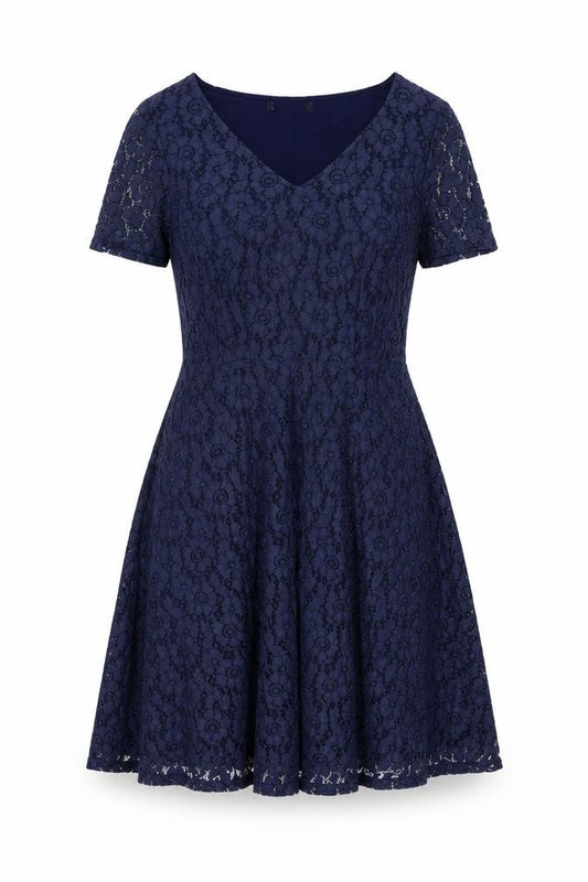 Front view of Marks & Spencer women’s blue polyamide a-line, size UK 14, round neck zip
