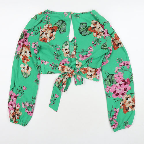 Quiz Womens Green Floral Polyester Basic Blouse Size 10 V-Neck