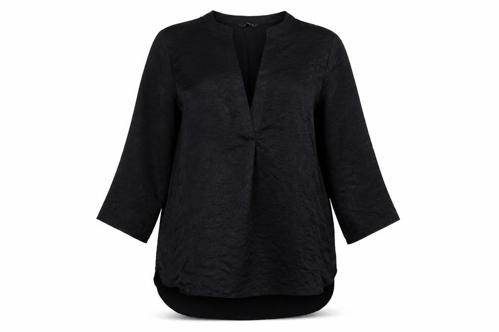 Front view of Roman women’s black polyester tunic blouse, size UK 16, v-neck
