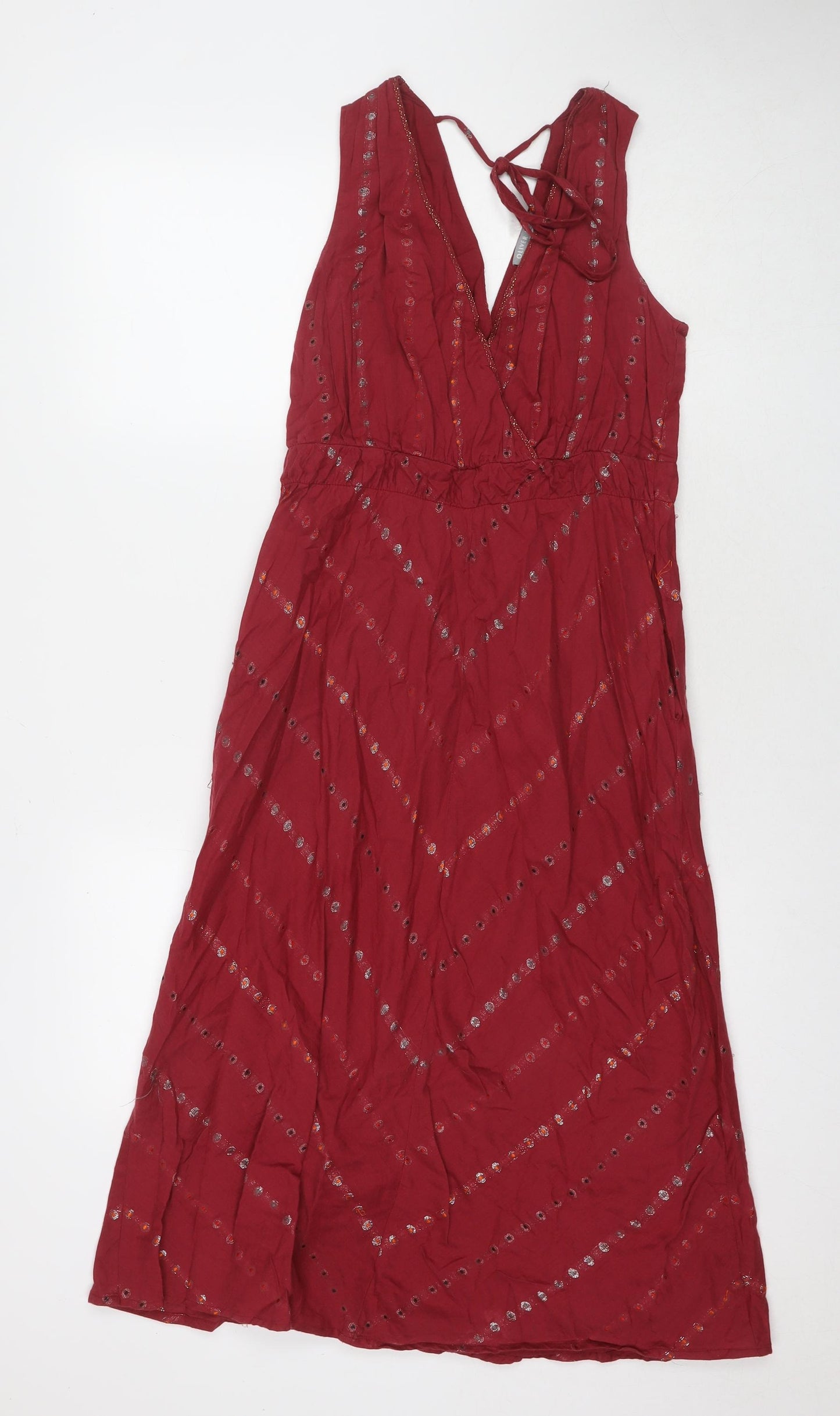 Oliver Bonas Womens Red Geometric Cotton A-Line Size 8 V-Neck Tie