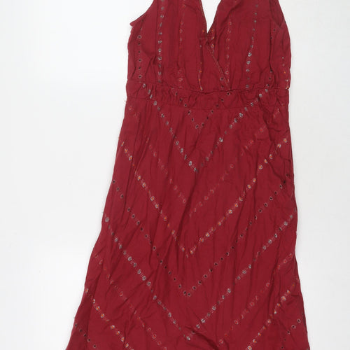 Oliver Bonas Womens Red Geometric Cotton A-Line Size 8 V-Neck Tie
