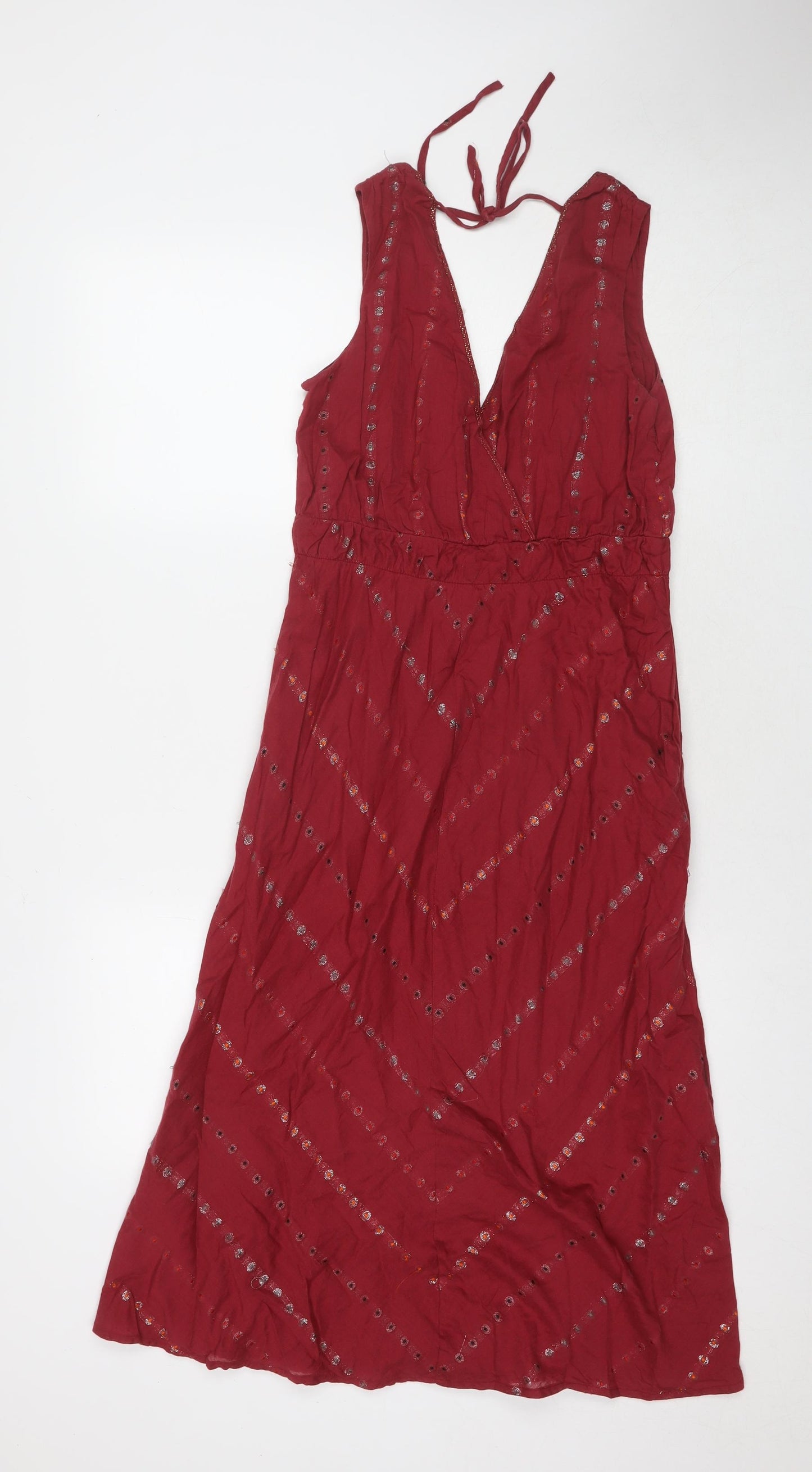 Oliver Bonas Womens Red Geometric Cotton A-Line Size 8 V-Neck Tie