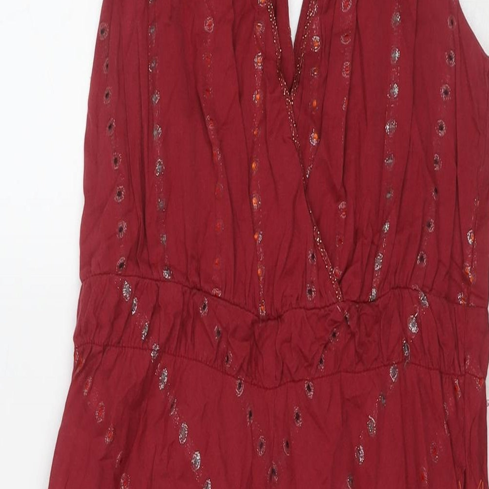 Oliver Bonas Womens Red Geometric Cotton A-Line Size 8 V-Neck Tie