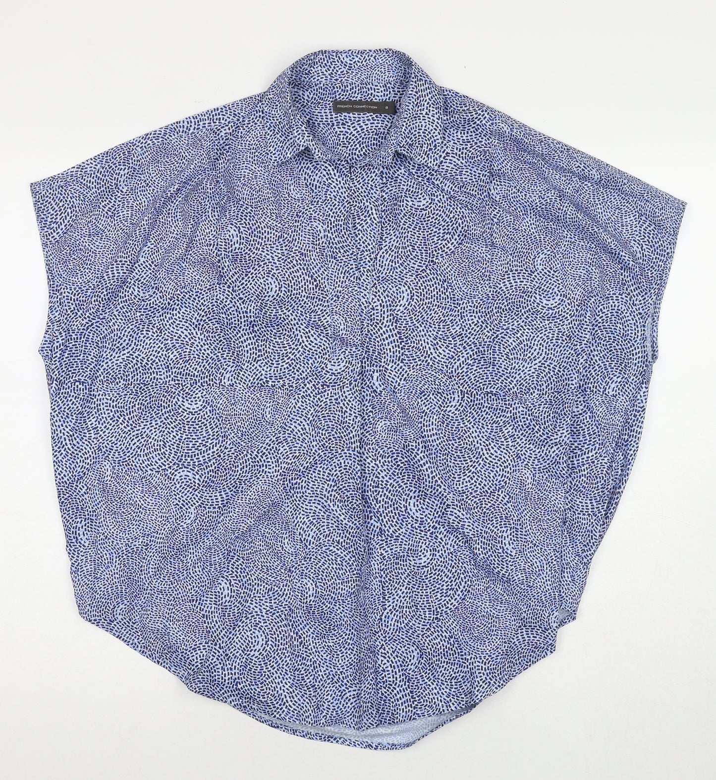 French Connection Womens Blue Geometric Polyester Basic T-Shirt Size 8 Collared