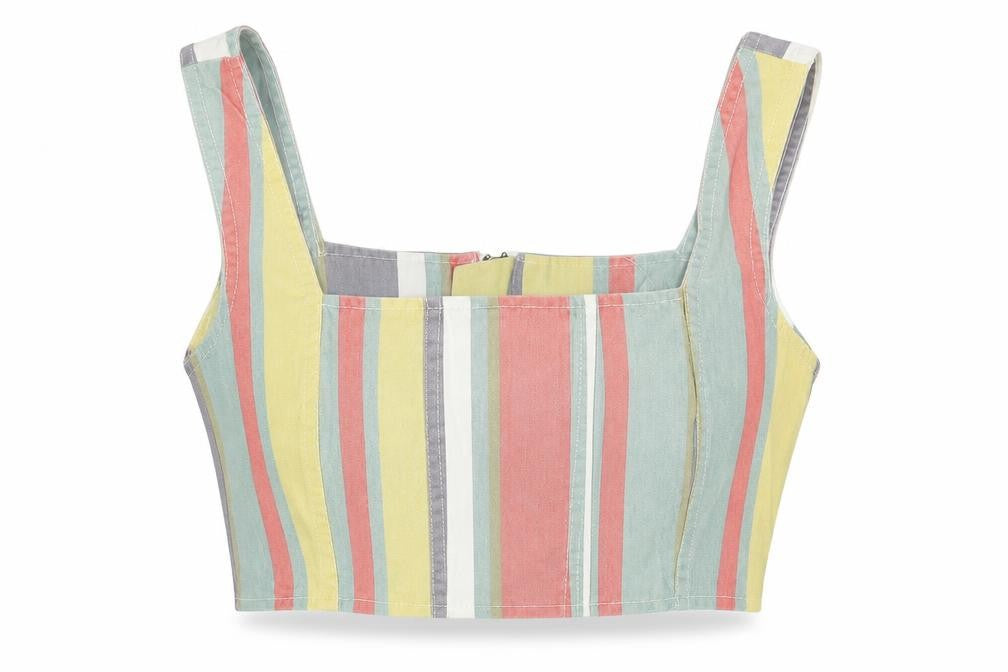 Front view of Missguided women’s multicoloured striped cotton cropped tank, size UK 8, square neck