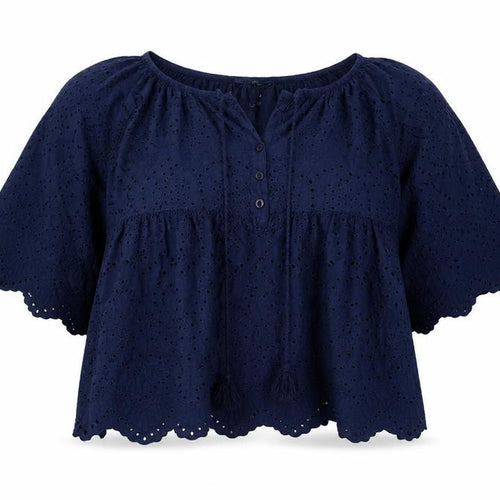 Linette & Tonka Womens Blue Cotton Basic Blouse Size 10 Round Neck - Embraided Detail