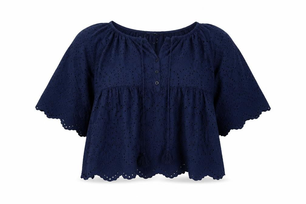 Linette & Tonka Womens Blue Cotton Basic Blouse Size 10 Round Neck - Embraided Detail