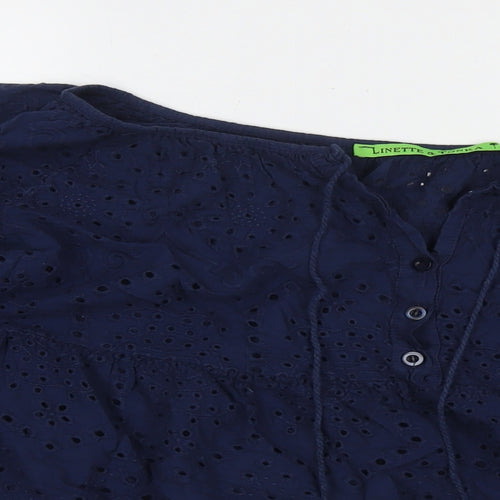 Linette & Tonka Womens Blue Cotton Basic Blouse Size 10 Round Neck - Embraided Detail