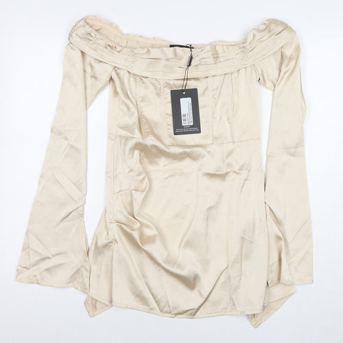 PRETTYLITTLETHING Womens Beige Polyester Shift Size 12 Off the Shoulder Zip