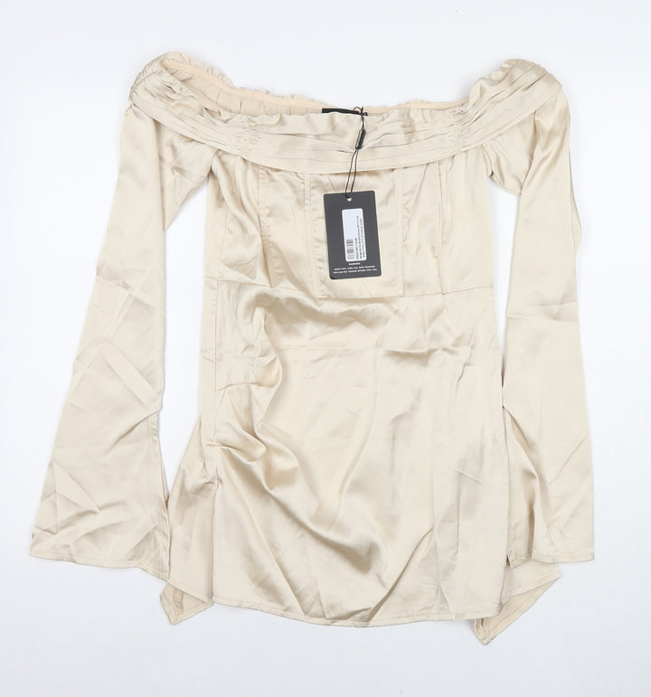PRETTYLITTLETHING Womens Beige Polyester Shift Size 12 Off the Shoulder Zip