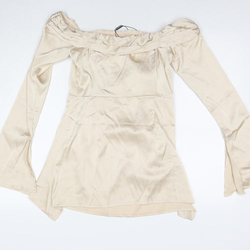 PRETTYLITTLETHING Womens Beige Polyester Shift Size 12 Off the Shoulder Zip