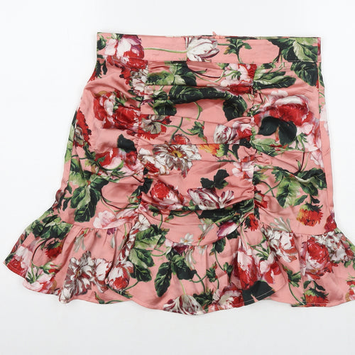Boohoo Womens Pink Floral Polyester A-Line Skirt Size 12 Zip