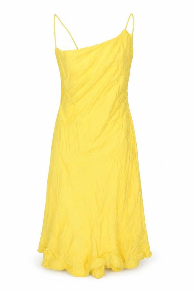Front view of Zara women’s yellow viscose slip dress, size UK 4, cowl neck pullover