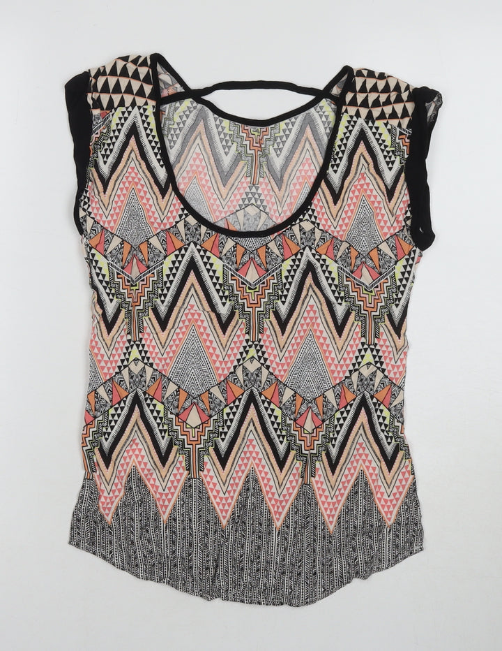 Warehouse Womens Multicoloured Geometric Polyester Basic T-Shirt Size 6 Round Neck