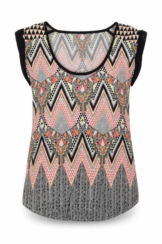Front view of Warehouse women’s multicoloured geometric polyester basic t-shirt, size UK 6, round neck