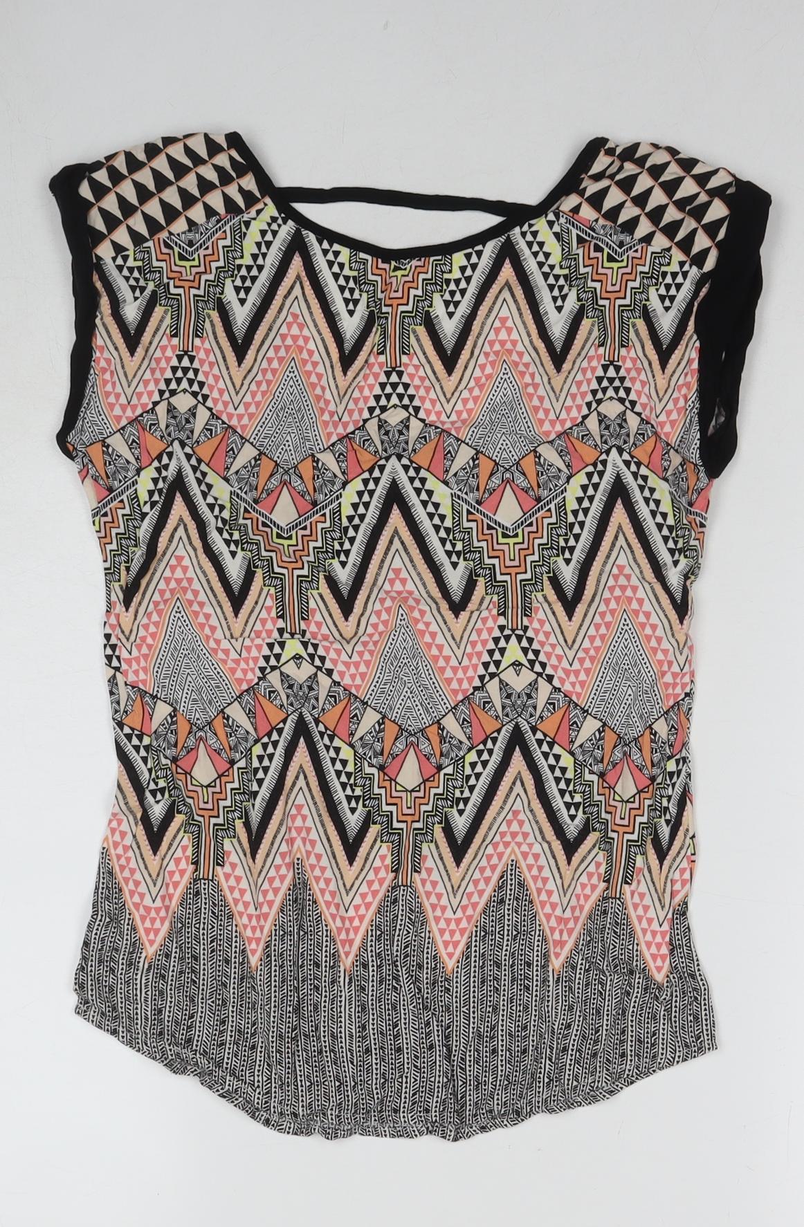 Warehouse Womens Multicoloured Geometric Polyester Basic T-Shirt Size 6 Round Neck