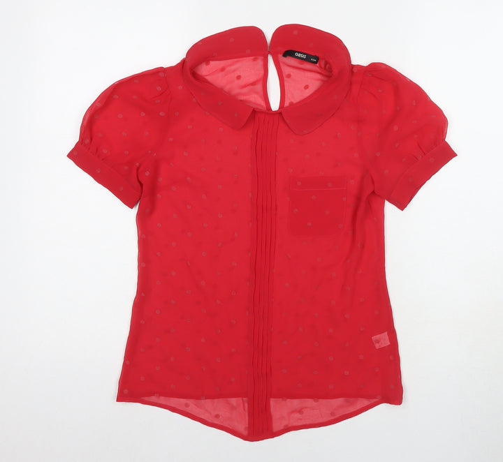 Oasis Womens Red Polka Dot Polyester Basic Blouse Size 8 Collared