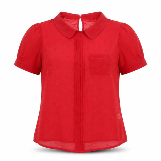 Front view of Oasis women’s red polka dot polyester basic blouse, size UK 8, collared