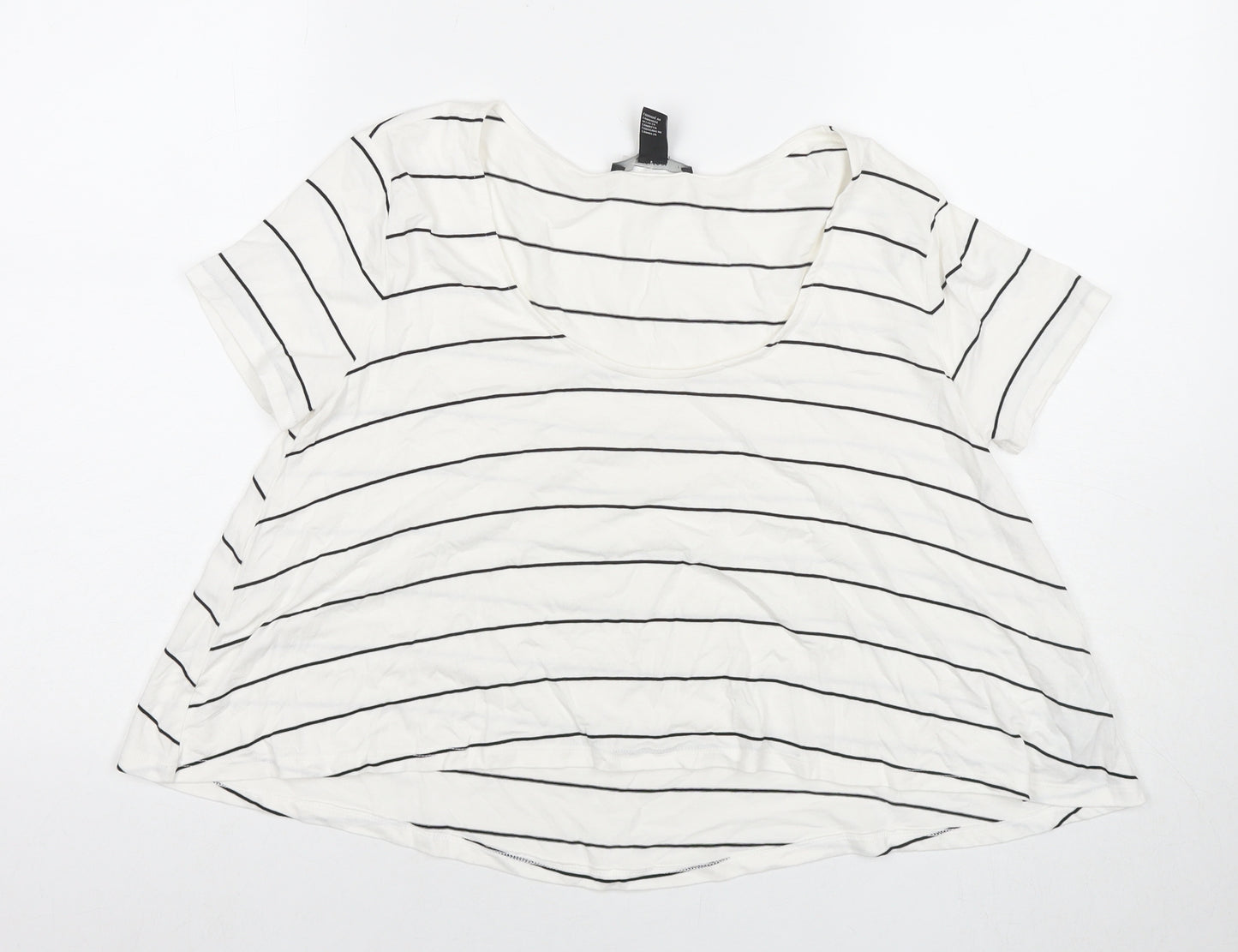FOREVER 21 Womens White Striped Viscose Basic T-Shirt Size M Round Neck