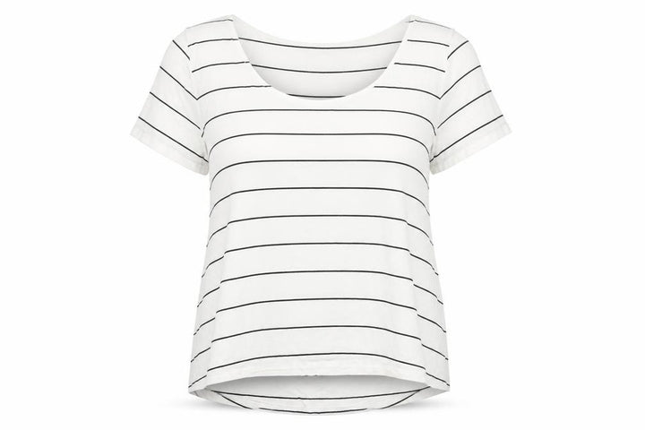 Forever 21 Womens White Striped Viscose Basic T-Shirt Size M Round Neck