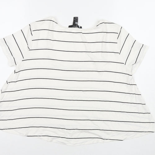 FOREVER 21 Womens White Striped Viscose Basic T-Shirt Size M Round Neck