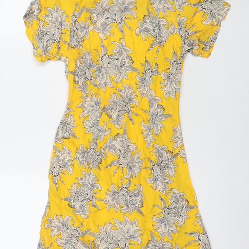 Topshop Womens Yellow Floral Viscose Mini Size 6 Round Neck Zip