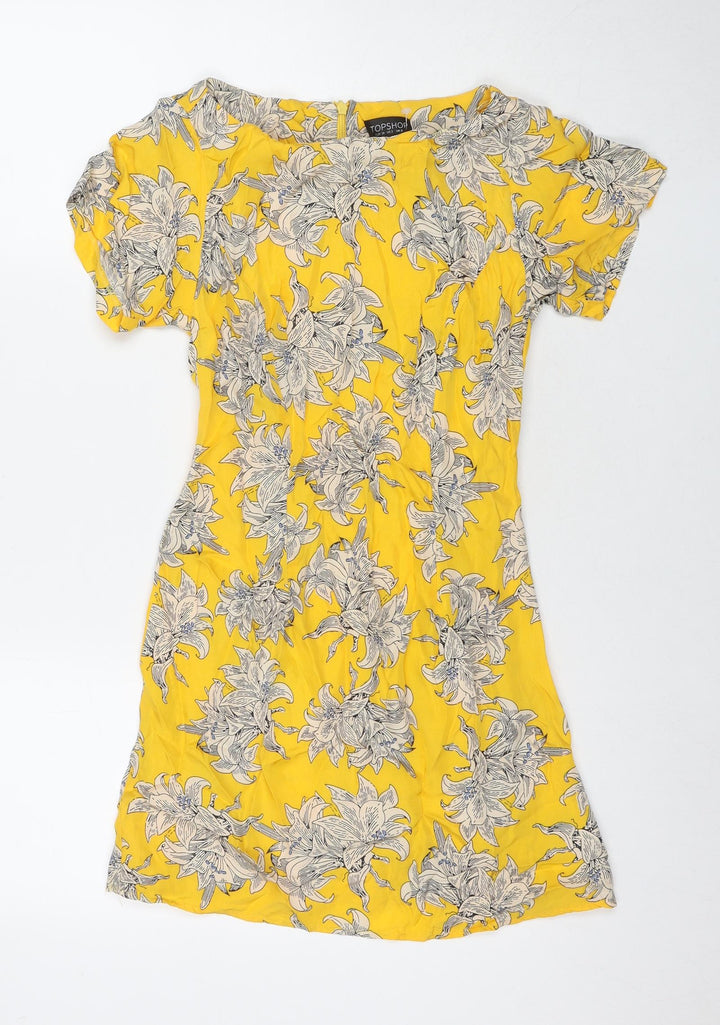Topshop Womens Yellow Floral Viscose Mini Size 6 Round Neck Zip