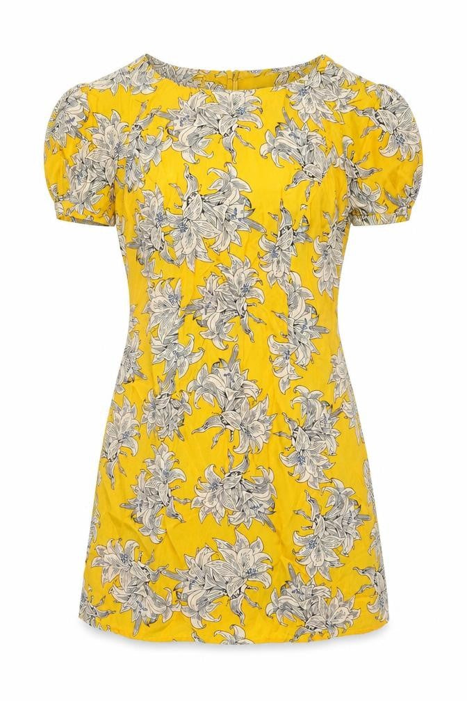 Topshop Womens Yellow Floral Viscose Mini Size 6 Round Neck Zip