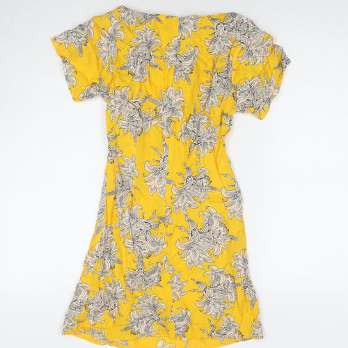 Topshop Womens Yellow Floral Viscose Mini Size 6 Round Neck Zip