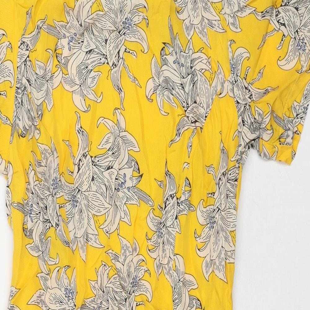 Topshop Womens Yellow Floral Viscose Mini Size 6 Round Neck Zip