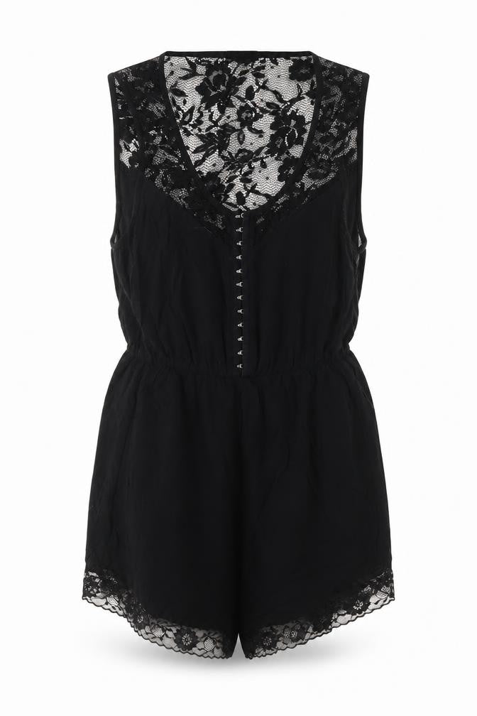 Front view of Pins & Needles women’s black polyester romper one-piece, size M, 3-inch leg hook & eye