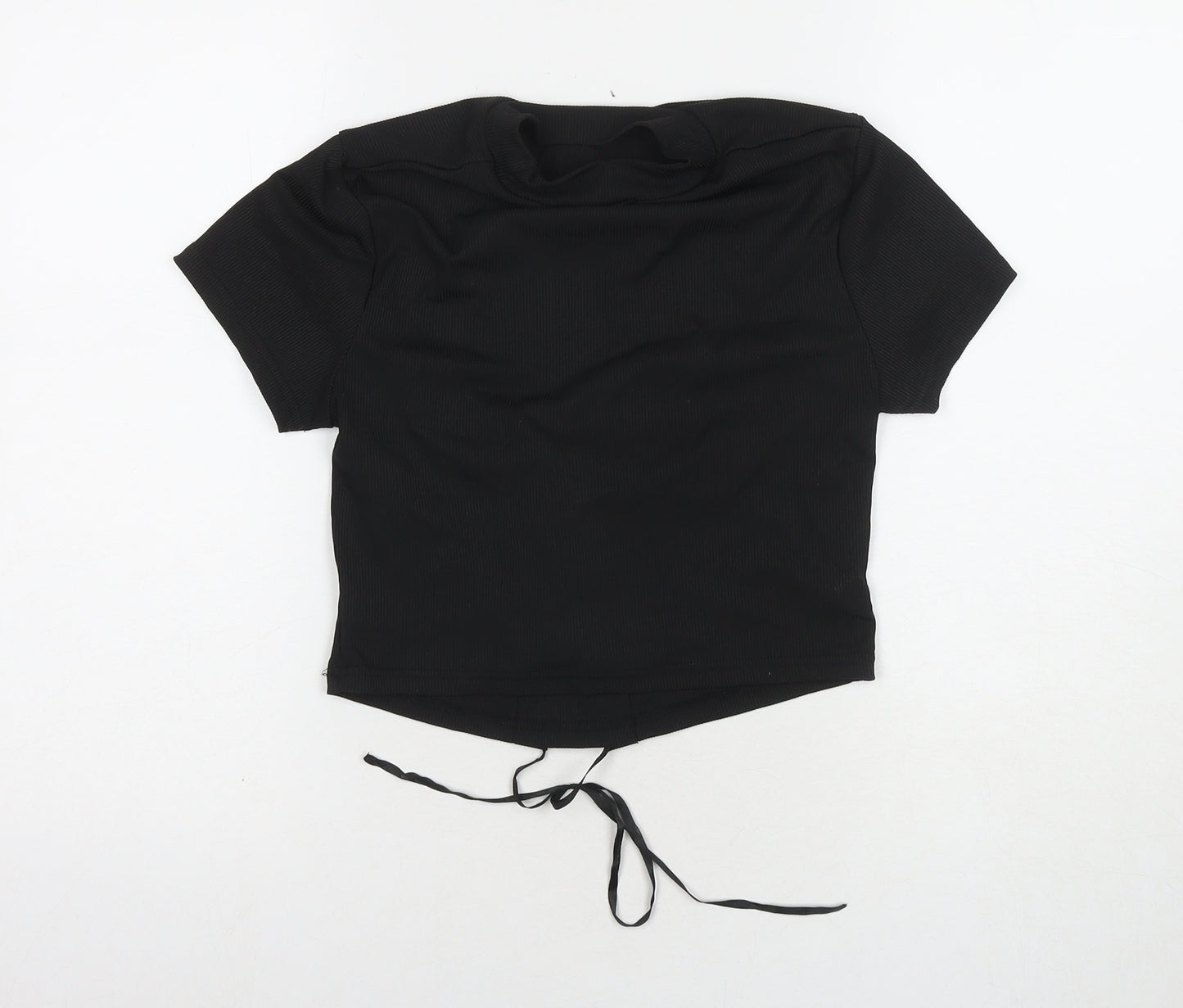 ROMWE Womens Black Polyester Basic T-Shirt Size L Round Neck - Cut Out Back Detail