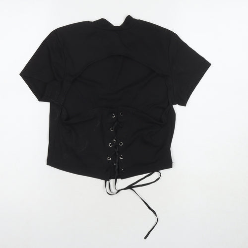 ROMWE Womens Black Polyester Basic T-Shirt Size L Round Neck - Cut Out Back Detail