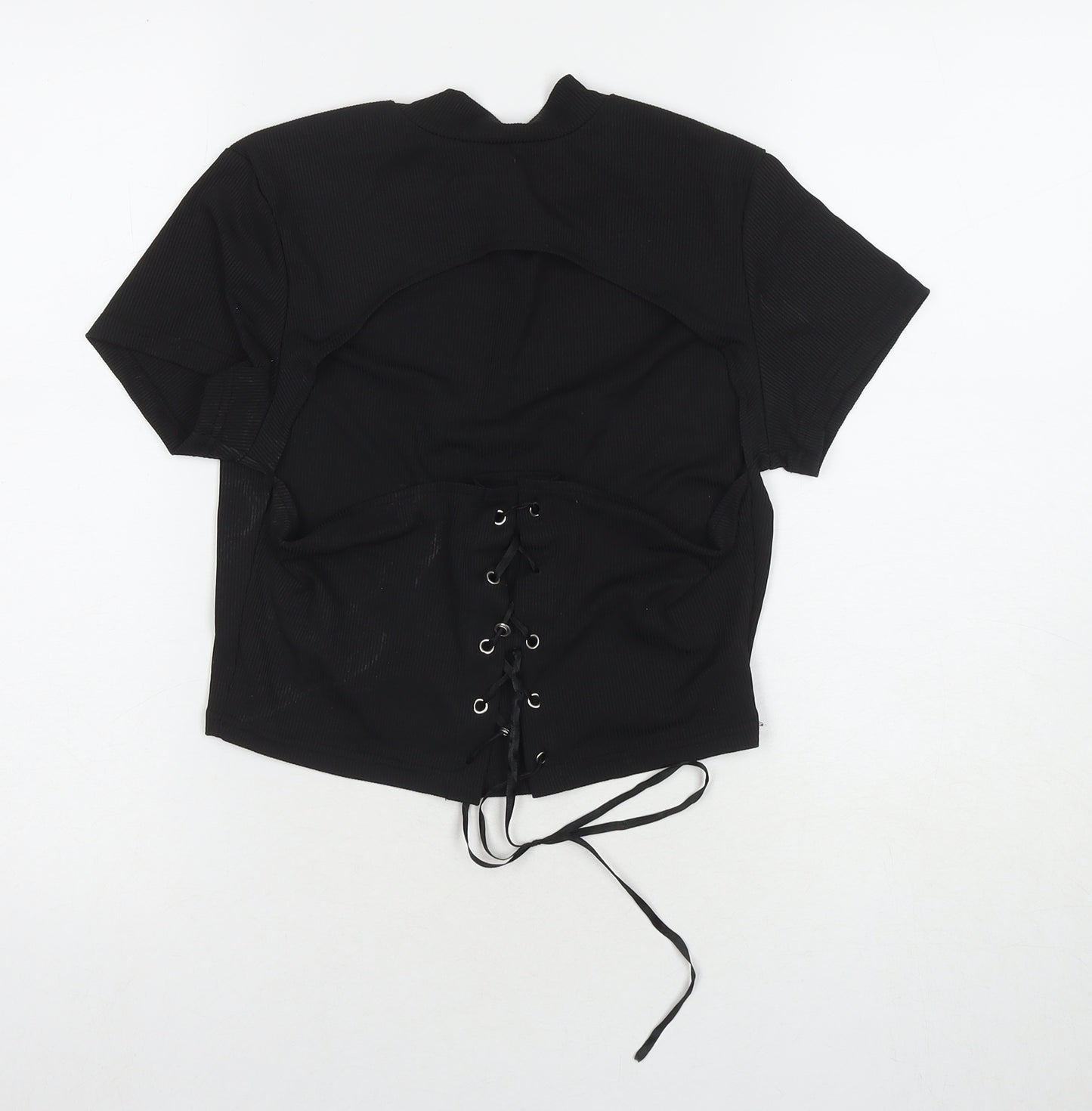 ROMWE Womens Black Polyester Basic T-Shirt Size L Round Neck - Cut Out Back Detail