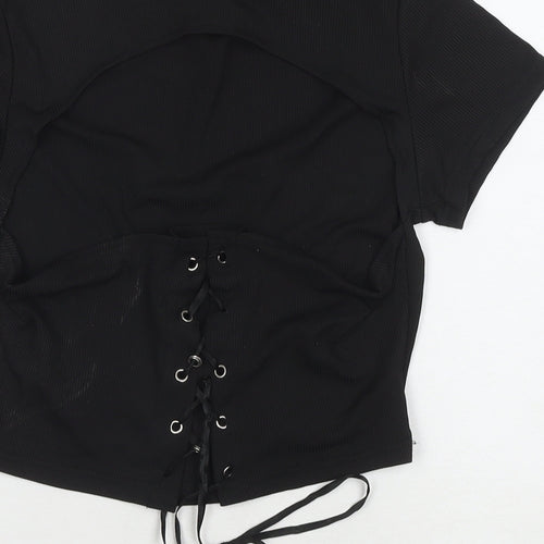 ROMWE Womens Black Polyester Basic T-Shirt Size L Round Neck - Cut Out Back Detail
